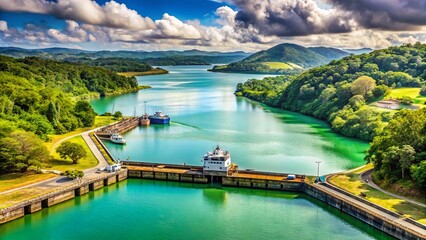 Fototapeta premium Panoramic View of Gatun Lake's Serene Blue-Green Waters, Panama Canal