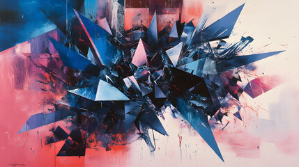 An abstract explosion of triangular fragments, bursting outward in various shades of electric blue and pink