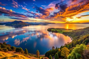 Obraz premium Panoramic View of Lake Taupo's Stunning Landscape at Dawn