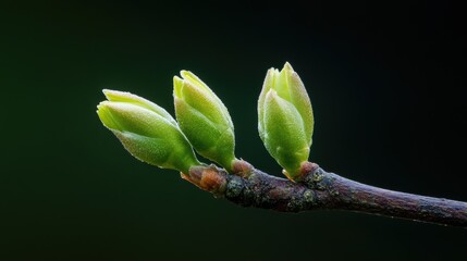 nature rebirth, macro shot of delicate buds on a mossy branch, a vivid green tapestry announcing the arrival of spring