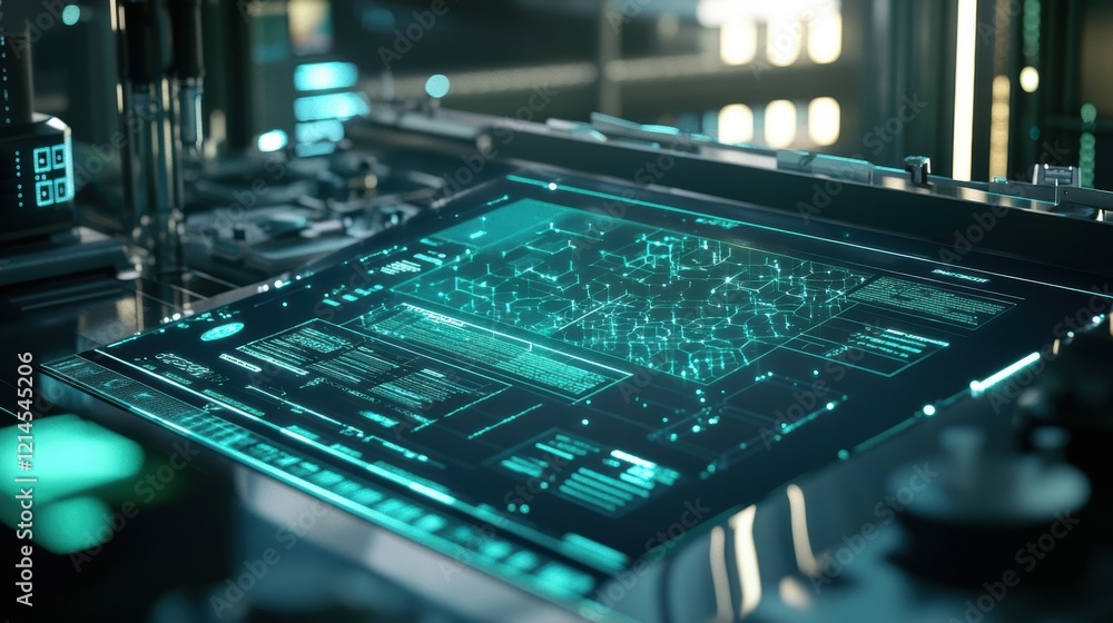 Poster futuristic control panel displaying complex data analysis and information on a transparent screen in