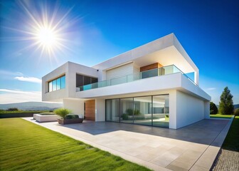 Panoramic View of Modern White House Exterior, Minimalist Architecture, Sunny Day