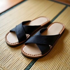 a pair of traditional japanese get a sandals on tatami mat 