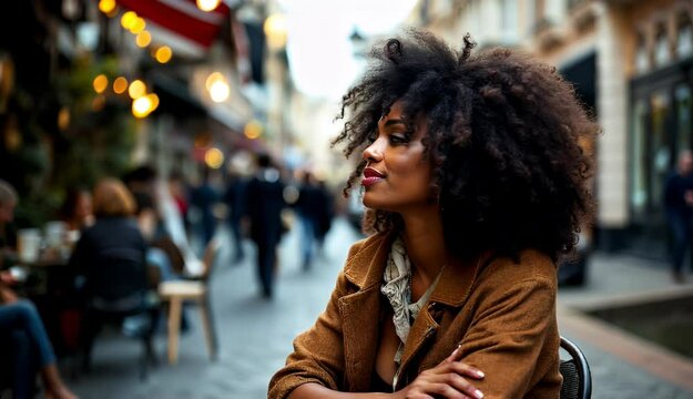 Joyful Woman at Parisian Cafe