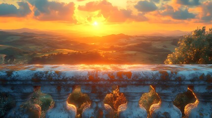Obraz premium Sunset Tuscan balcony view; rolling hills, idyllic landscape, travel brochure
