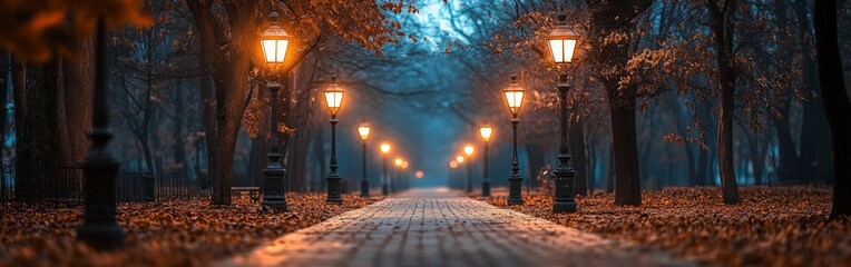 A tranquil park path with warm streetlights at night, creating a serene ambiance. Ideal for urban tranquility, reflective moments, and evening scenes.