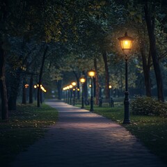 A tranquil park path with warm streetlights at night, creating a serene ambiance. Ideal for urban tranquility, reflective moments, and evening scenes.