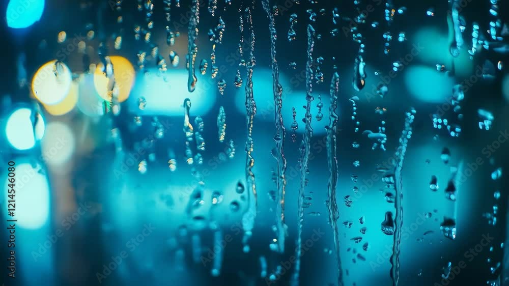 Poster rain streaming down a windowpane at night, blurring vibrant city lights beyond, creates an abstract,