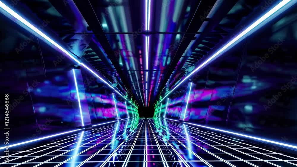 Poster vibrant neon lights illuminate a futuristic corridor, casting reflections on the glossy tiled floor,