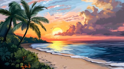 Tropical Beach Sunset  Palm Trees  Ocean Waves  Summer Paradise