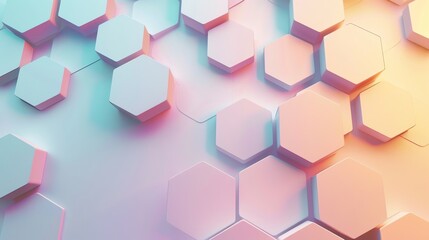 A colorful, abstract background of geometric hexagons in shades of blue, pink, and orange.