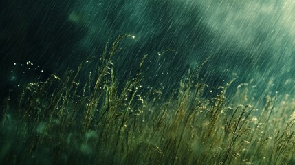 A view of rain pouring on grass surface