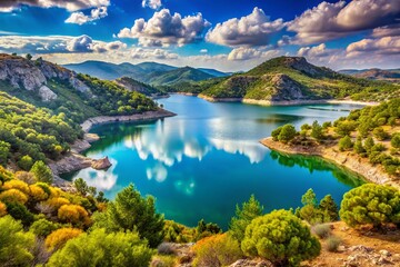Panoramic View of Wild Nature Surrounding Gadoura Dam Reservoir, Rhodes Island, Greece