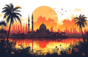 Obraz premium Beautiful eid background in maroon color with mosque. 
