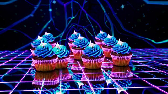 Vibrant neon cupcakes with blue and purple frosting sit on a reflective surface, creating a mesmerizing display against a backdrop of futuristic neon lights and grid patterns
