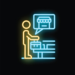Businessman leaving the office at night with a briefcase and a thought bubble showing a store