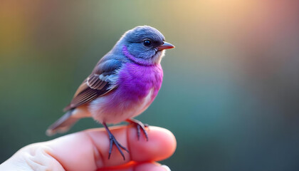 Obraz premium A small bird with vibrant purple and gray feathers perched on a person's fingertip. The bird has a rounded body, a short tail, and a small, pointed beak. The background is softly blurred, emphasizing 