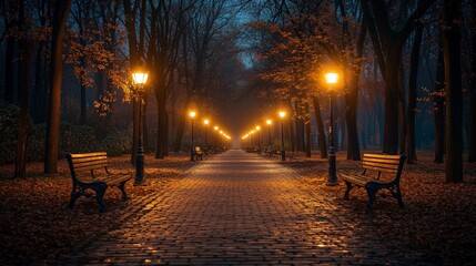 Naklejka premium A tranquil park path with warm streetlights at night, creating a serene ambiance. Ideal for urban tranquility, reflective moments, and evening scenes.