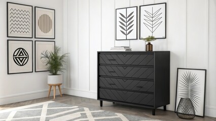 A minimalist dresser finished in matte black stands against a backdrop of stark white artwork that displays bold geometric patterns enhancing the rooms modern aesthetic.
