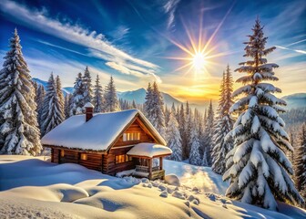 Fototapeta premium Panoramic Winter Wonderland: Sunlit Chalet & Evergreen Forest Ski Resort