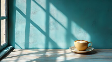 Latte Art Coffee in Sunlight by Window