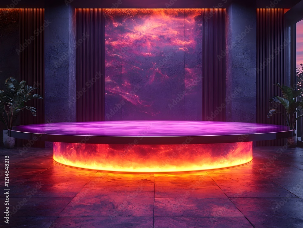 Poster futuristic conference room with glowing round table and interactive holograms for brainstorming and 