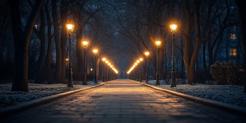 A tranquil park path with warm streetlights at night, creating a serene ambiance. Ideal for urban tranquility, reflective moments, and evening scenes.