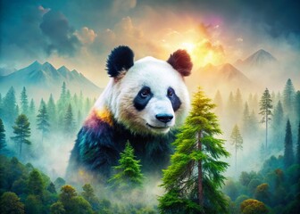 Obraz premium Paper Art Panda Double Exposure Forest Scene - Generative AI Stock Photo