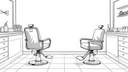 A striking close-up shot captures two vintage barber chairs facing one another, rendered in elegant black-and-white lines within an inviting hair salon setting. The left chair invites attention, drawi