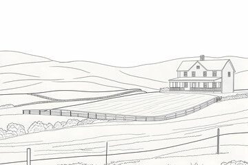 Fototapeta premium Serene countryside landscape drawing, featuring a large farmhouse nestled amongst rolling hills and fenced pastures. Ideal for coloring books, farm-themed projects, or real estate brochures.
