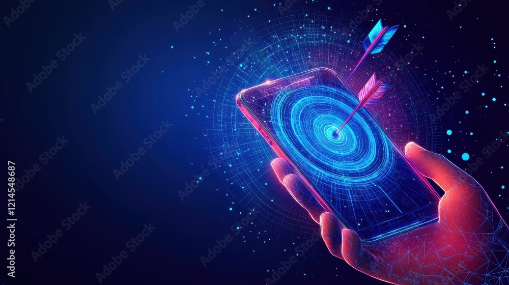 Poster hand holding a smartphone displaying a fingerprint on the screen in a close up view
