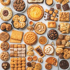 Assorted pastries, bakery products, flat lay, white background, food photography, website use