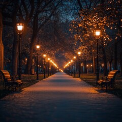 A tranquil park path with warm streetlights at night, creating a serene ambiance. Ideal for urban tranquility, reflective moments, and evening scenes.