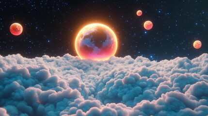 Glowing Planet Above Cloudscape  Space Scene  Celestial Background