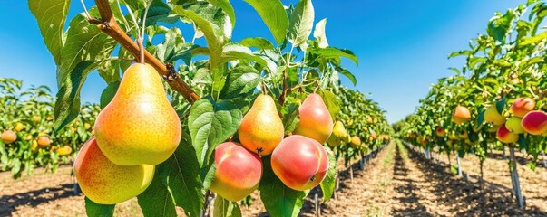 Ripe pears on tree orchard sunny day.  Farming, agriculture