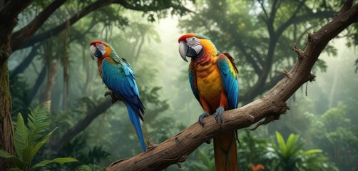 Obraz premium A brightly colored macaw perched on a curved branch of a ancient tree amidst the rainforest undergrowth, colorful plumage, forest habitat