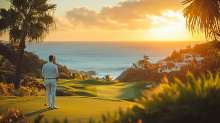 Golf course ocean view, luxury resort, businessman playing golf at sunset, a tranquil scene, palm trees, perfect for travel, leisure and sport themes, a truly exclusive lifestyle.