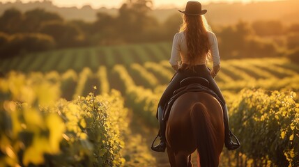 Horseback riding at sunset, a scenic vineyard view, with golden light. This tranquil landscape is perfect for travel or outdoor adventure themes.
