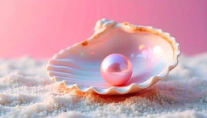 A large, open seashell with iridescent colors, showcasing a smooth, round pink pearl resting on a bed of fine, sparkling sand. The background has a soft pink hue, enhancing the vibrant colors of the s