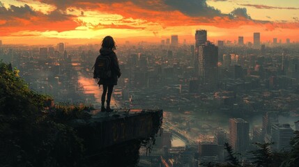 Fototapeta premium A lone girl in a desolate post-apocalyptic city, symbolizing survival and resilience. Ideal for dystopian stories, game concepts, and dramatic visual art.