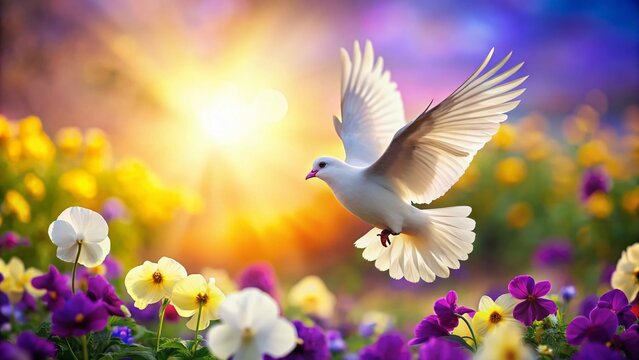 Pastel Easter Banner: White Dove, Spring Flowers, Bokeh Lights