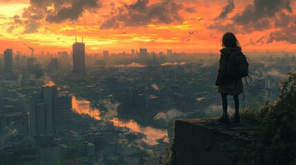 Fototapeta premium A lone girl in a desolate post-apocalyptic city, symbolizing survival and resilience. Ideal for dystopian stories, game concepts, and dramatic visual art.