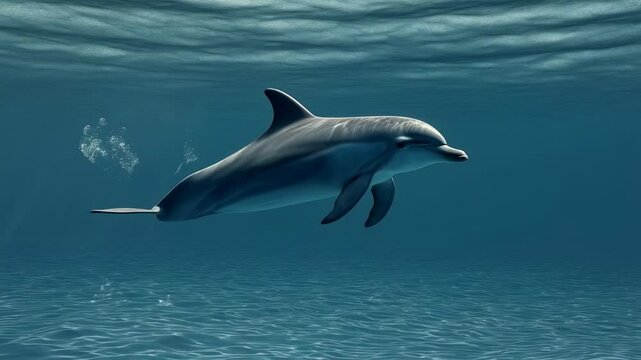 Dolphin swimming gracefully underwater in a vibrant blue ocean, with radiant sunbeams filtering through the water's surface, creating a tranquil and enchanting atmosphere
