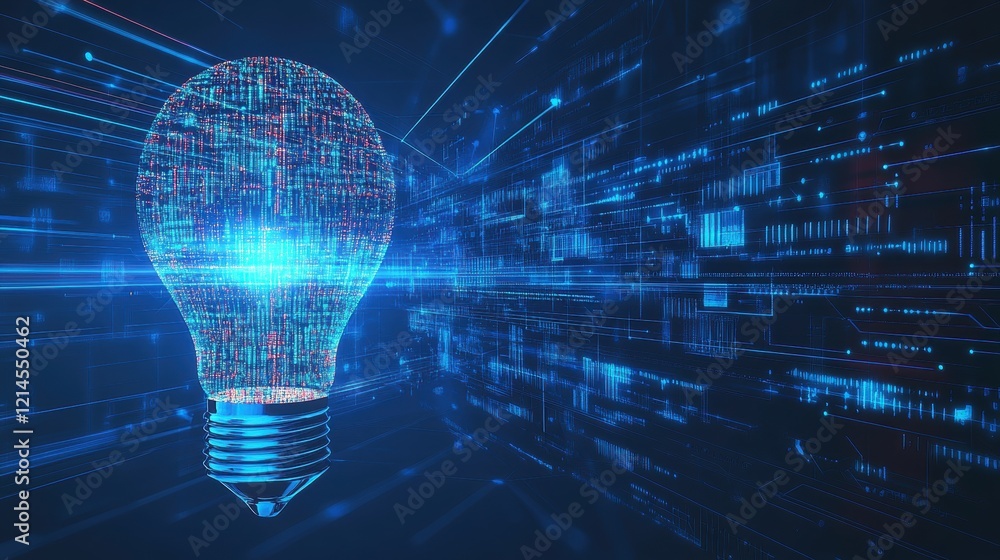 Poster light bulb illuminated with a circuit board design in the background showing technology and innovati