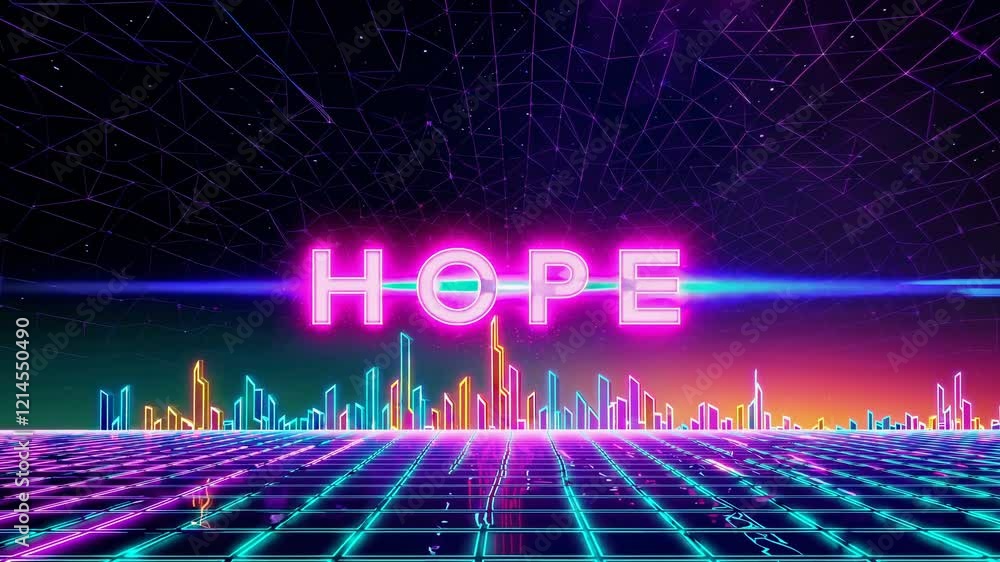 Poster glowing neon sign displaying the word hope illuminates a futuristic cityscape with vibrant colors an