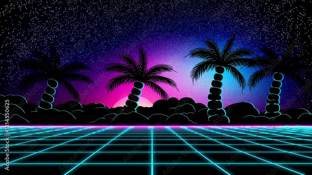 Canvas Prints glowing neon grid and silhouettes of palm trees create a mesmerizing retro futuristic landscape unde