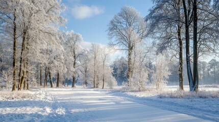 Fototapeta premium A snow-covered forest with frost-covered trees and a peaceful winter sky, capturing the beauty of winter nature