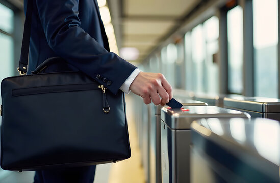 Commuter Morning Train Access Pass. A person uses card to access turnstile in transit station. Shows morning commute using pass. Modern clear, neutral, transport, lifestyle articles. - Powered by Adobe