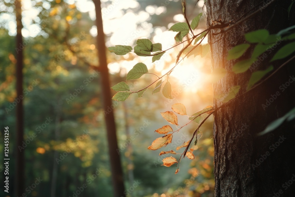 Poster offset and preservation concept, sunlight filtering through trees in a serene forest setting.