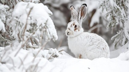 A snowshoe hare in its white winter coat, camouflaged in the snow.